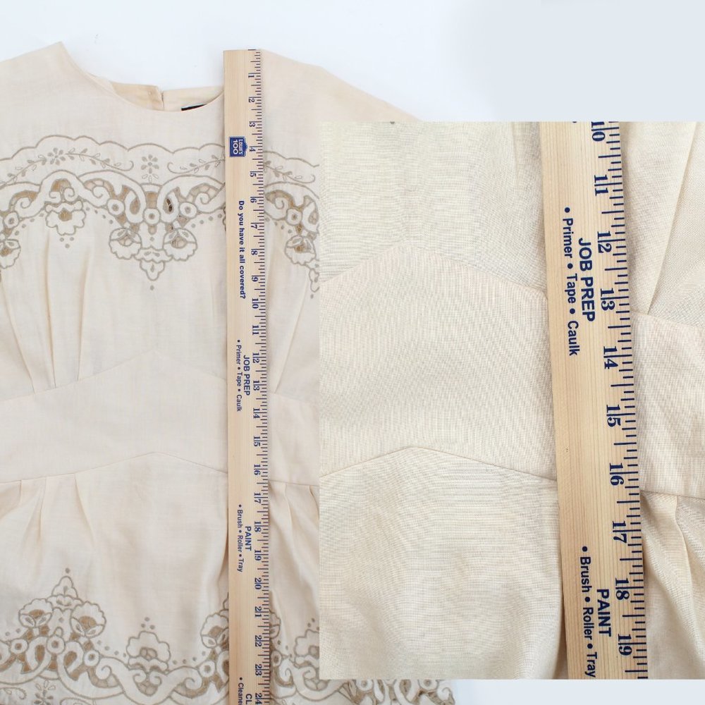 Vintage 80s Dress Ramie Cotton Lace Cutwork Embroidery Peplum Beige Midi 8 - Picture 13 of 15
